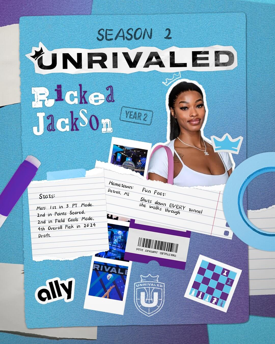 Promotional graphic for season 2 of Unrivaled with Rickea Jackson. The design features her stats, like 1st in 3 point mode, 4th pick overall in the 2024 draft, 2nd in field goals mode, and 2nd in paints scored. 