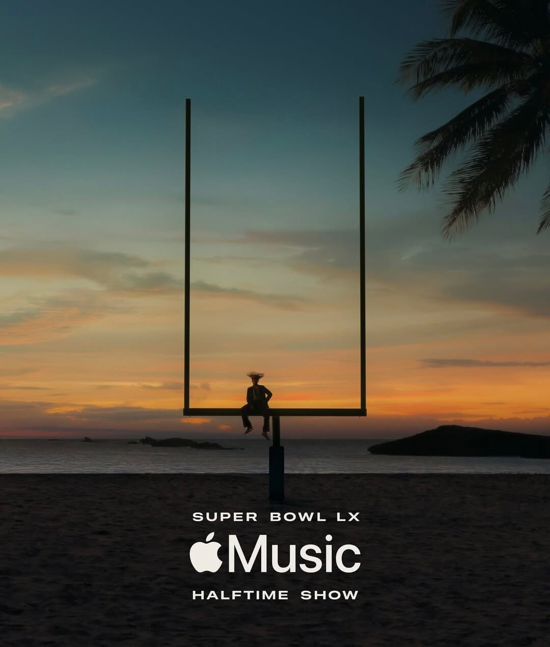 Promotional graphic for the Super Bowl LX Apple Music Halftime show with Bad Bunny. He's sitting on the crossbar surrounded by a beach, a sunset, and palm trees.  