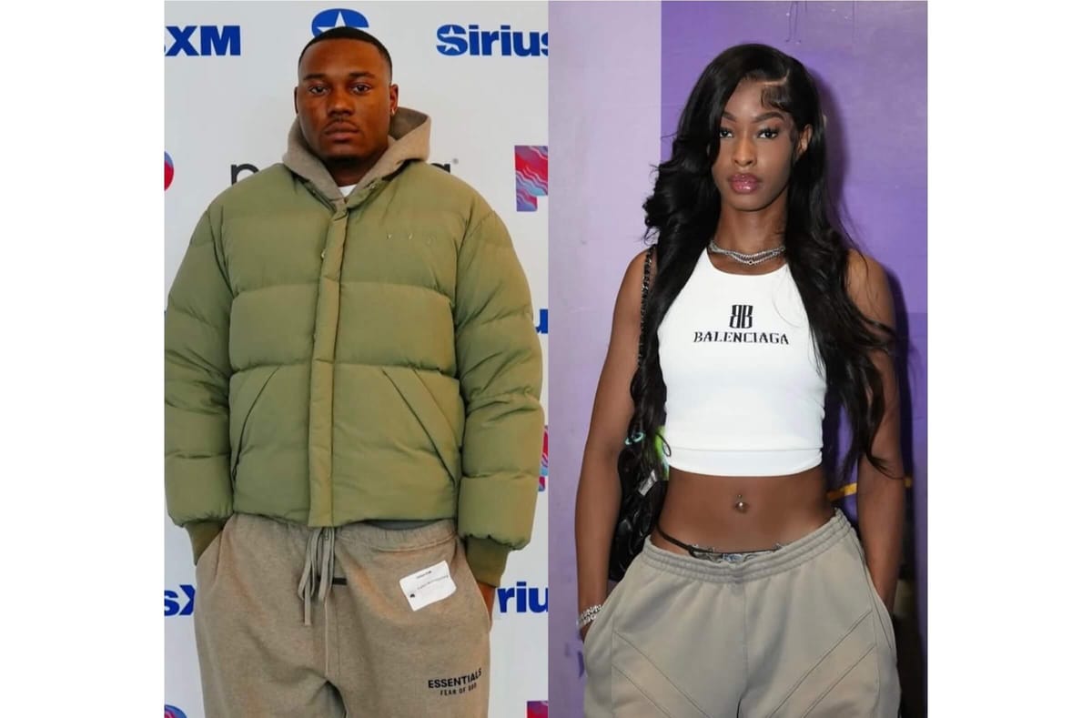 (L) Music artist Kala.FrFr in a green puffer jacket and tan sweats at Sirius XM. (R) WNBA player Rickea Jackson in a white Balenciaga tank and sweats. 