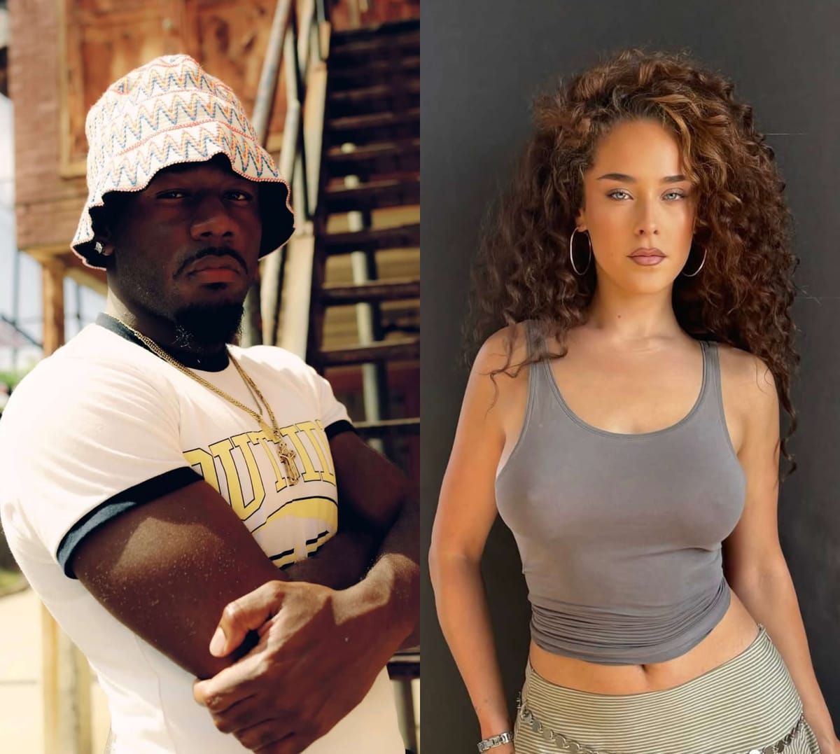 Side-by-side portraits of Reuben Vincent outdoors in a bucket hat and Maeta posing against a dark background.